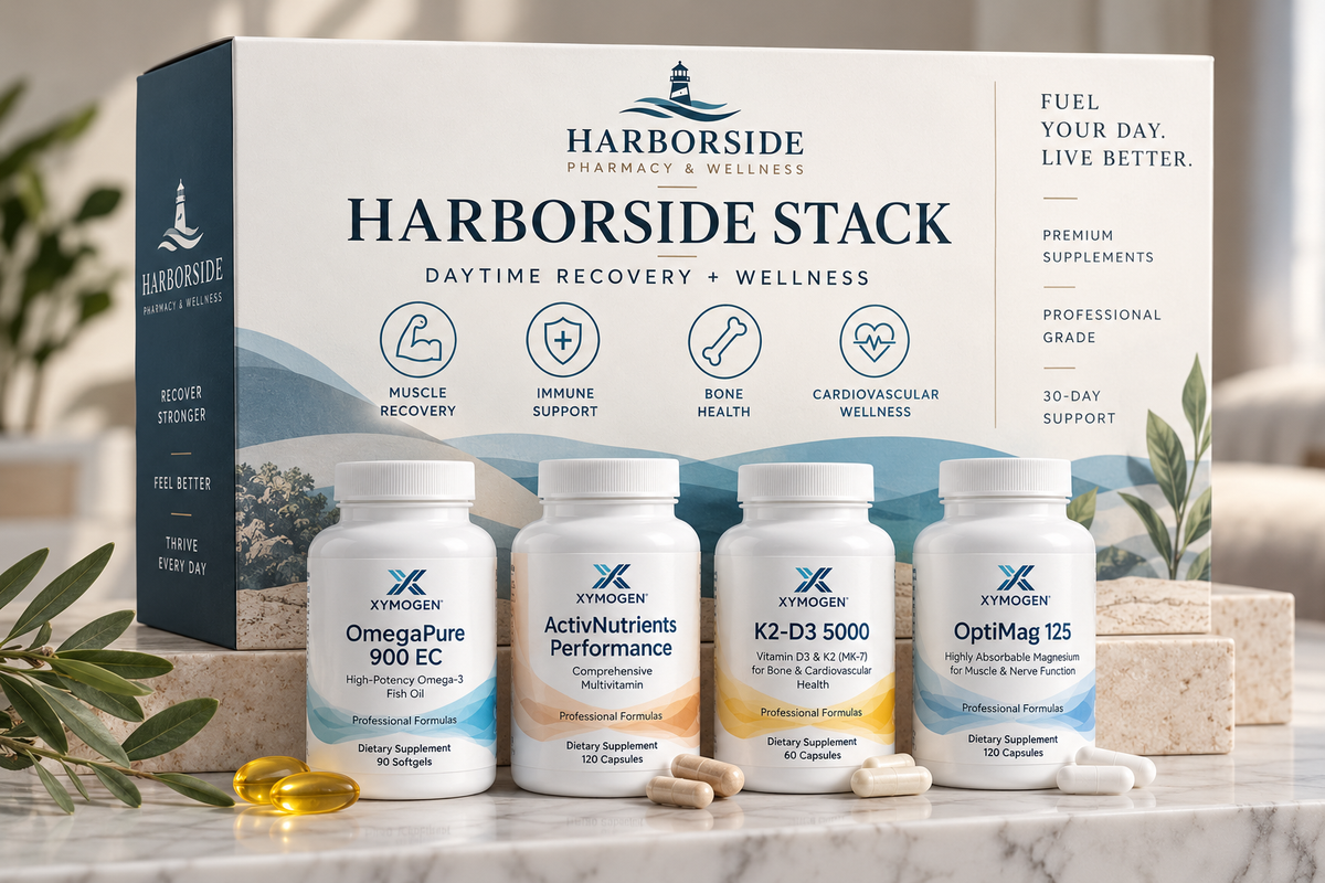 Harborside Stack daytime wellness supplement box with fish oil, multivitamin, D3 K2, and magnesium, no standalone zinc